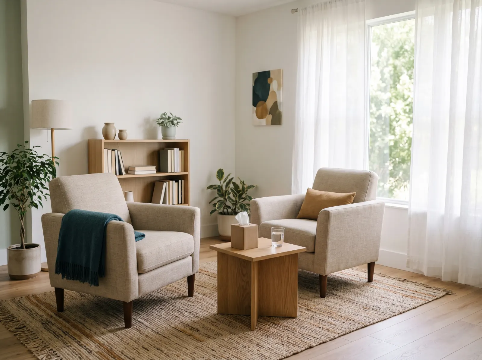 A quiet therapy office with two linen armchairs, a side table and a large window